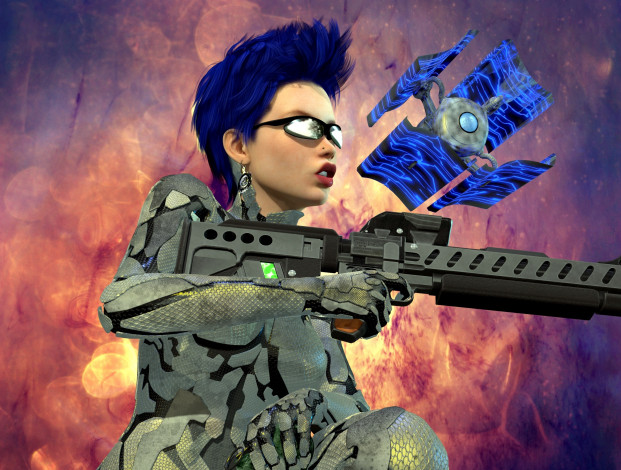 Обои картинки фото 3д графика, люди , people, оружие, фон, девушка, взгляд