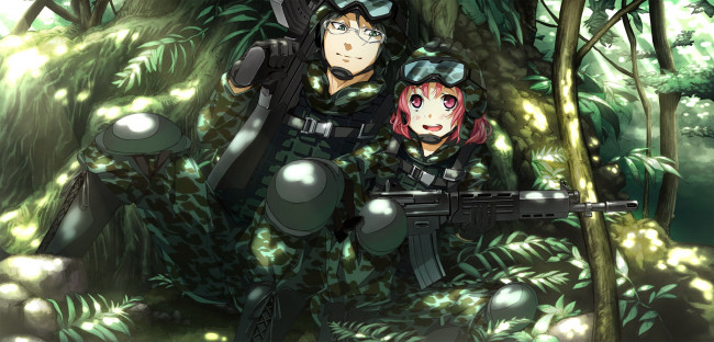 Обои картинки фото soushuu senshinkan gakuen hachimyoujin, аниме, фон, девушки, взгляд, оружие