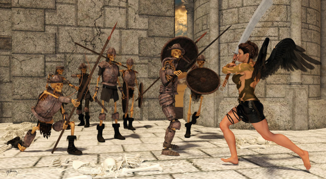 Обои картинки фото 3д графика, ужас , horror, скелеты, оружие, фон, взгляд, девушка