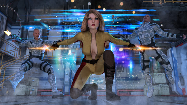 Обои картинки фото 3д графика, фантазия , fantasy, оружие, фон, взгляд, девушка