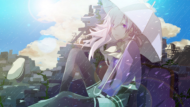 Обои картинки фото аниме, город,  улицы,  здания, фон, взгляд, девушка