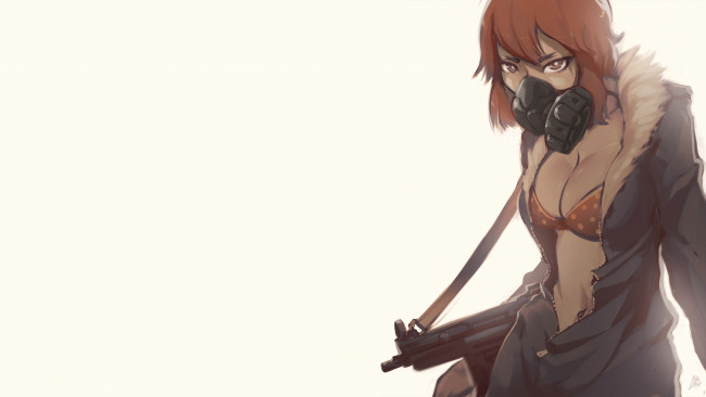 Обои картинки фото аниме, оружие,  техника,  технологии, пулемёт, маска, девушка