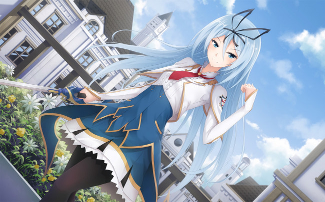 Обои картинки фото unbeaten bahamut chronicle, аниме, оружие,  техника,  технологии, фон, взгляд, девушка