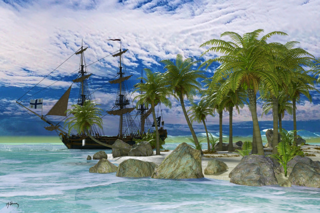 Обои картинки фото 3д графика, море , sea, парусник, волны, облака, море