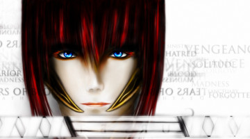 Картинка рисованное люди лицо катана арт рыжая девушка меч надписи