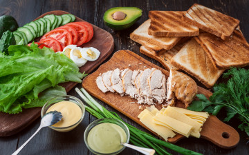 Картинка еда разное eggs chicken овощи тосты авокадо бутерброды курица хлеб сэндвич зелень sandwich сыр соус мясо ингредиенты tomato
