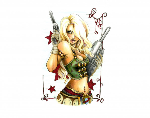Обои картинки фото рисованное, комиксы, девушка, пистолет, фон, взгляд