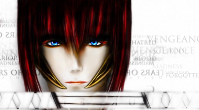 Обои картинки фото рисованное, люди, лицо, катана, арт, рыжая, девушка, меч, надписи