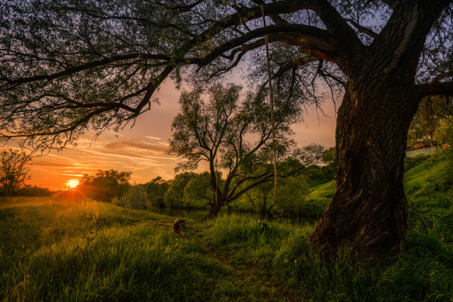 Обои картинки фото природа, восходы, закаты, луга, холмы, вечер, морозов, юрий, деревья, речка