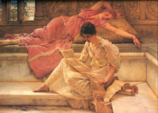 обоя the favourite poet,  sir lawrence alma-tadema, рисованное, lawrence alma-tadema, чтение, подушки, фрески, женщины, свиток