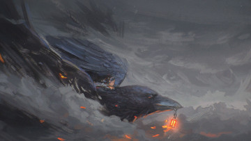 Картинка рисованное животные +птицы клюв арт девочка фонарь птица ворона ворон дым