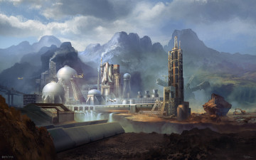 Картинка фэнтези иные+миры +иные+времена горы station водопад плотина космодром