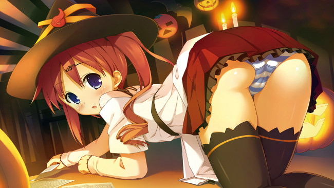 Обои картинки фото аниме, магия,  колдовство,  halloween, фон, взгляд, девушка