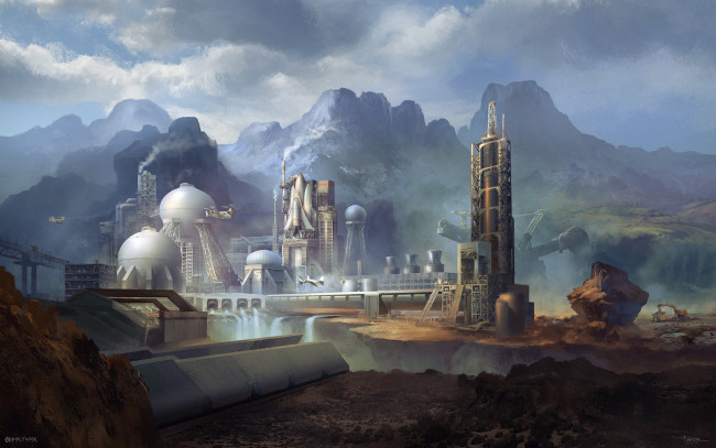 Обои картинки фото фэнтези, иные миры,  иные времена, горы, station, водопад, плотина, космодром