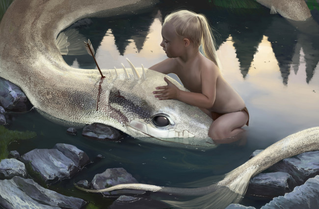 Обои картинки фото фэнтези, драконы, стрела, дракон, вода, девочка, слеза