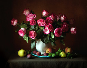 Картинка еда натюрморт сливы яблоки розы