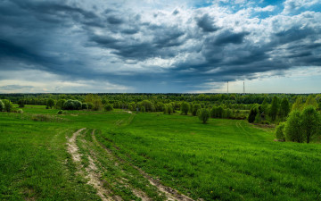 Картинка природа пейзажи луг дорога облака