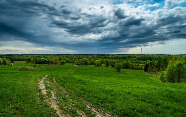 Обои картинки фото природа, пейзажи, луг, дорога, облака