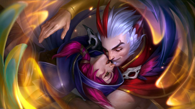 Обои картинки фото видео игры, league of legends, rakan, xayah, пара, любовь