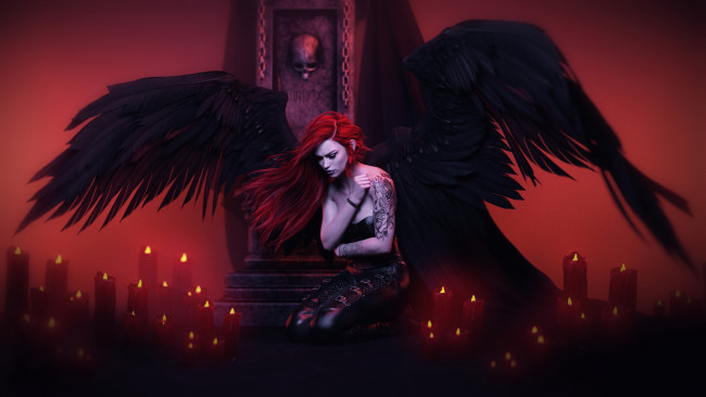 Обои картинки фото 3д графика, существа , creatures, девушка, фон, крылья, тату
