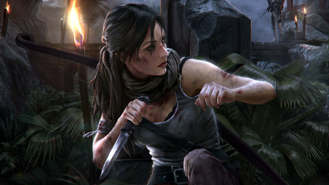 Обои картинки фото видео игры, tomb raider , other, лара, крофт, нож, джунгли, развалины