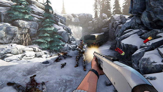 Обои картинки фото видео игры, xiii, оружие, перестрелка, скалы, грузовик