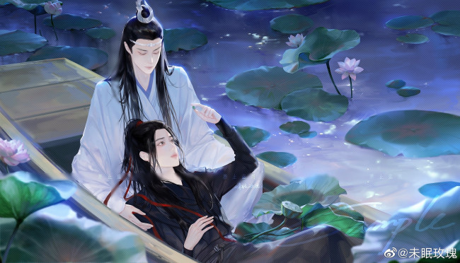 Обои картинки фото рисованное, кино,  мультфильмы, вэй, усянь, лань, ванцзы, лодка, озеро, лотосы