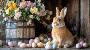 обоя праздничные, пасха, цветы, бочка, яйца, кролик