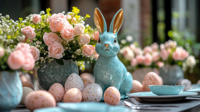 Обои картинки фото праздничные, пасха, цветы, яйца, стол, посуда, кролик, фарфор