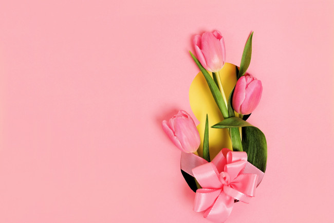 Обои картинки фото праздничные, международный женский день - 8 марта, восьмерка, цветы, тюльпаны, бант