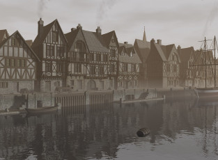 Картинка 3д графика architecture архитектура река дома