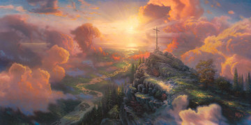 Картинка thomas kinkade рисованные свет солнце холм крест