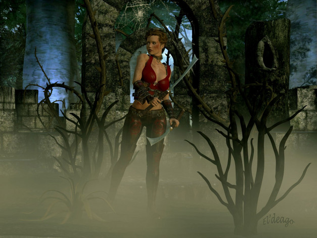 Обои картинки фото 3д, графика, amazon, амазонки, мечи, деревья, туман