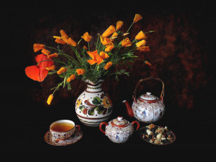 Картинка еда натюрморт орехи чай эшшольция