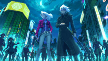 Картинка аниме -weapon +blood+&+technology пистолет неон луна ночь катана девушка парень зомби город