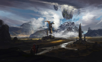 Картинка фэнтези драконы горы воин всадник река мир иной