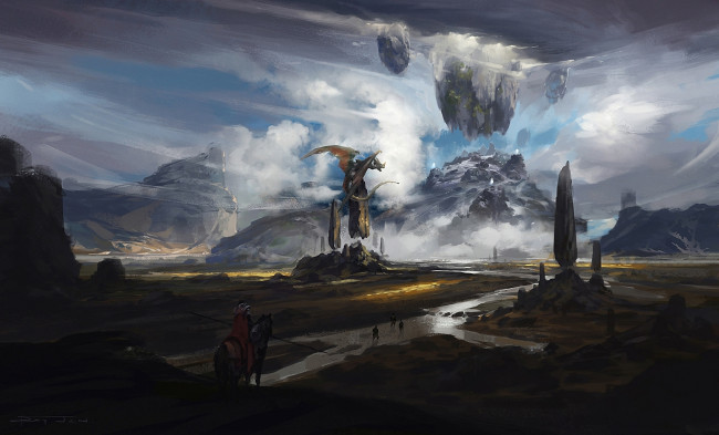 Обои картинки фото фэнтези, драконы, горы, воин, всадник, река, мир, иной