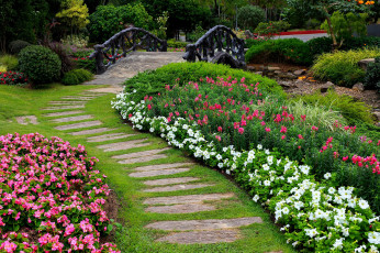 Картинка природа парк мостик камни дорожка клумбы