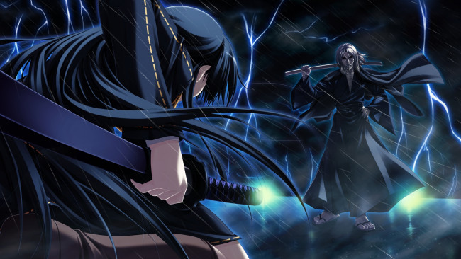 Обои картинки фото аниме, shinigami no testament, art, sakaki, maki, shinigami, no, testament, visual, novel, yua, ichinose, сражение, поединок, магия, катана