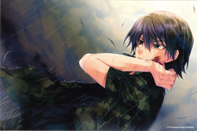 Обои картинки фото аниме, grisaia no kajitsu, grisaia, no, kajitsu, yuuji, kazami, ливень, камуфляж, кровь, парень, рана