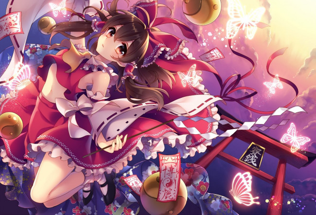 Обои картинки фото аниме, touhou, фон, взгляд, девушка