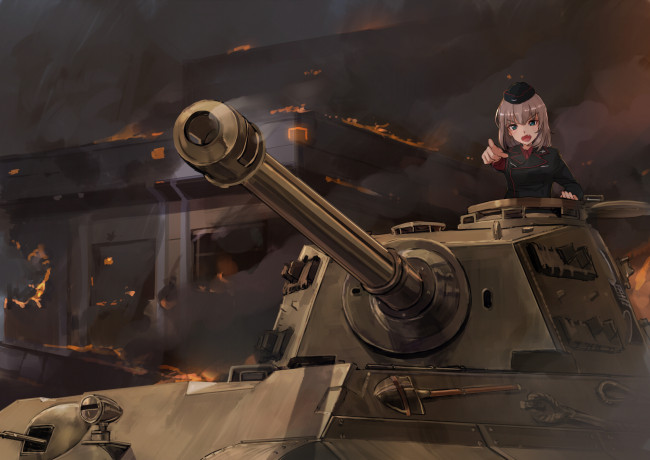 Обои картинки фото girls und panzer, аниме, взгляд, девушка, танк, фон