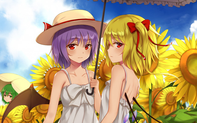 Обои картинки фото аниме, touhou, девушки, взгляд, фон