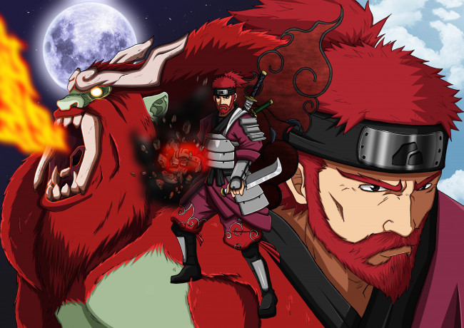 Обои картинки фото аниме, naruto, red, hair, by, rollando35, roshi, biju, pride, moon, sword, armor, yonbi, horn, hitaiate, japanese, shinobi, shippuden, jinchuuriki, son, goku, anime, ken, redhead, blade, fang, ninja