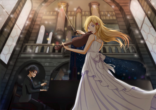 Обои картинки фото аниме, shigatsu wa kimi no uso, девушка, взгляд, фон