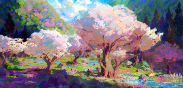 Картинка видео+игры the+legend+of+zelda +breath+of+the+wild горы сад деревья камни речка