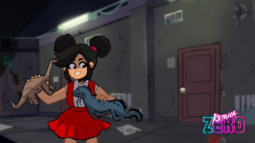 обоя видео игры, katana zero, девочка, динозавры, игрушки, дверь