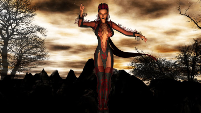 Обои картинки фото 3д графика, люди , people, девушка, фон, взгляд, платье