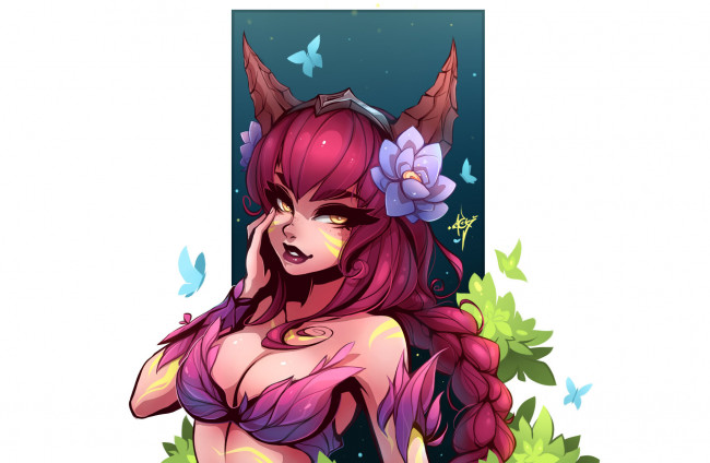 Обои картинки фото видео игры, league of legends, ahri, цветы, бабочки