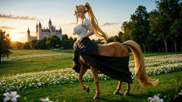 Картинка 3д+графика фантазия+ fantasy кентавресса наряд луга цветы замок